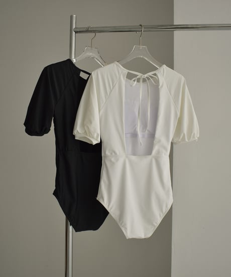 swim-02457　Puff Sleeve One Piece Swimwear　Off-White　Black