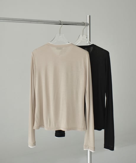 tops-02541　Layered-Like Snap Button Pullover  Beige Black