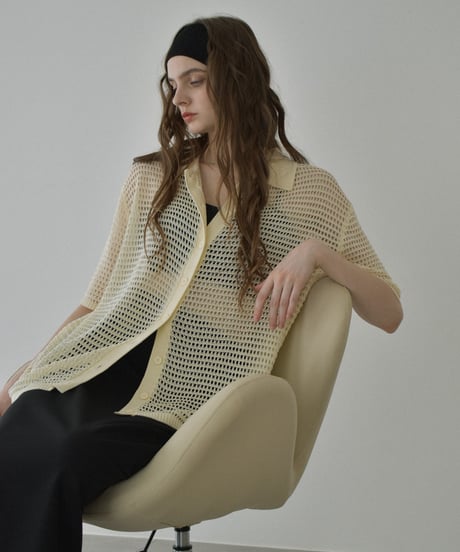 knit-02332  Oversized mesh polo knit  Ivory Black