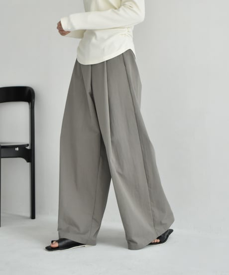 bottoms-02265    Wrap waist tuck wide pants Ecru Khaki-gray Black