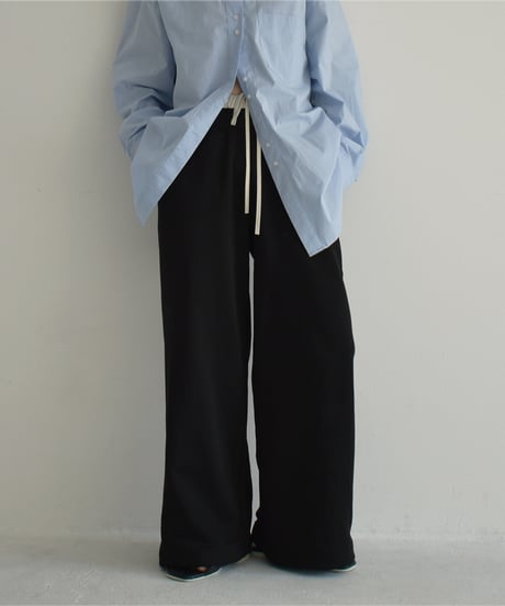 bottoms-02225　Double Waist Sweatshirt Wide Pants Black