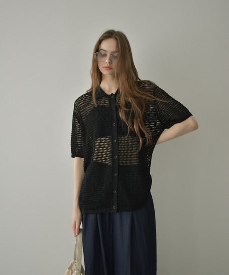 knit-02332  Oversized mesh polo knit  Ivory Black