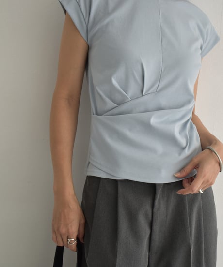 nh-tops-02562  Tack Design T-shirt White  Dusty Blue  Gray  Black