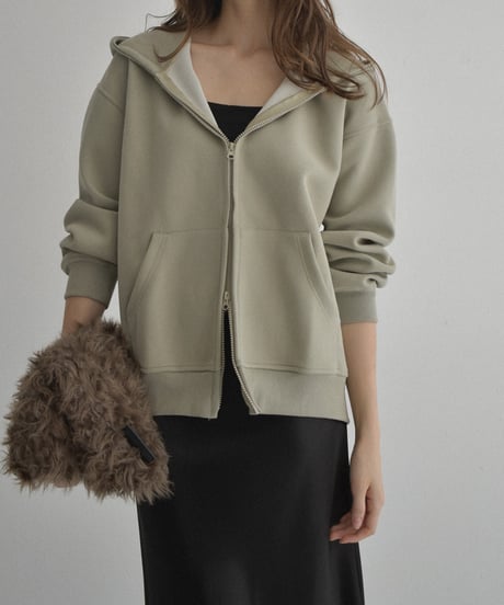 tops-02570　Double Zip Hoodie  Black Gray Khaki-Beige