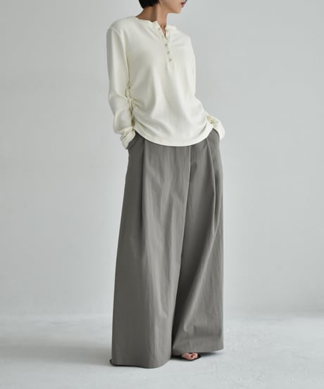 bottoms-02265    Wrap waist tuck wide pants Ecru Khaki-gray Black