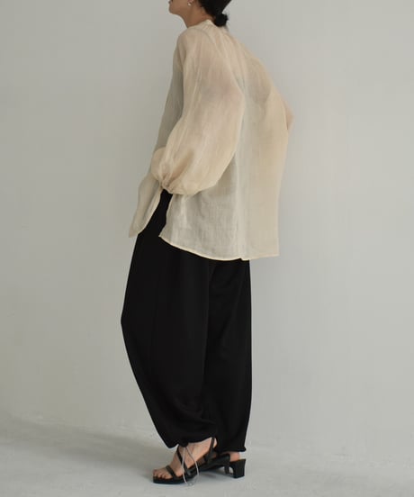 tops-02448　Linen Keyneck Sheer Blouse　Light Beige　Navy