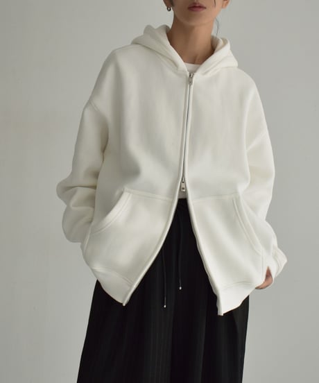 tops-02515　Brushed Back Double Zip Hoodie White Gray Black