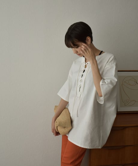 tops-04093  MADE IN JAPAN LINEN MIXED CANVAS LACE-UP PULLOVER