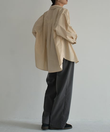 tops-02453　Oversized Striped Shirt Camel Navy