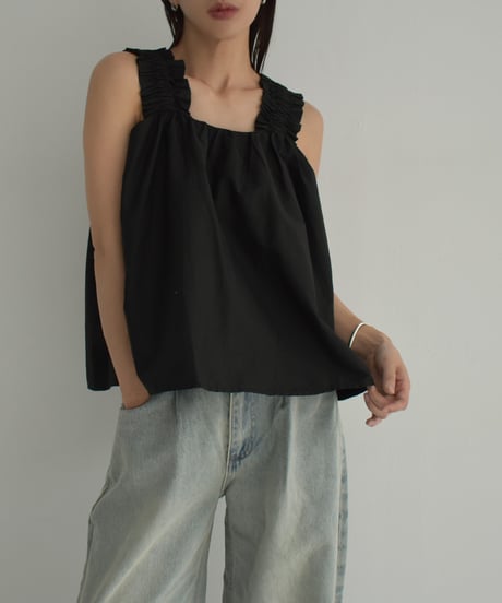 tops-02479　Gathered Tank Blouse White Black