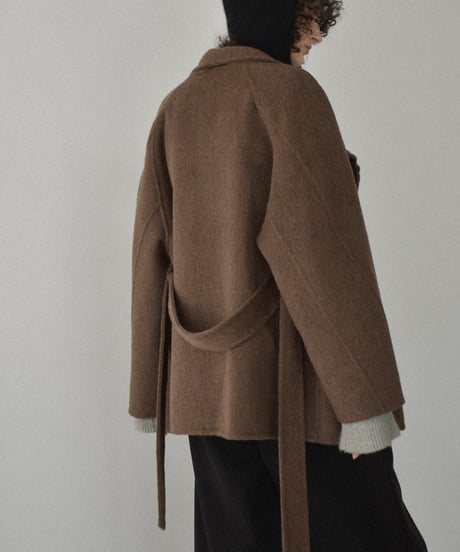 coat-02062  Raglan Sleeve Stand Collar Wool Midi Coat With Reversible Finish　Ecru Brown