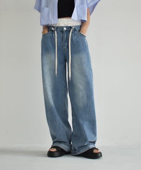 bottoms-02239　Double Waist Denim Light Blue Blue