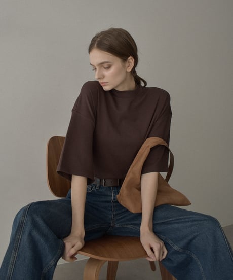 nh-tops-02566　Half-Sleeve Mock Neck Tee  Ecru Charcoal Brown