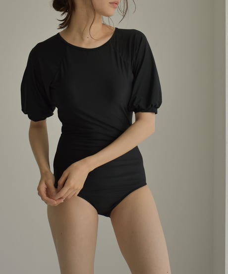 swim-02457　Puff Sleeve One Piece Swimwear　Off-White　Black
