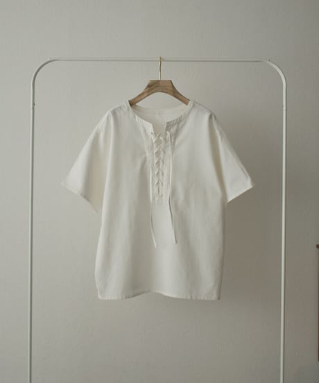 tops-04093  MADE IN JAPAN LINEN MIXED CANVAS LACE-UP PULLOVER
