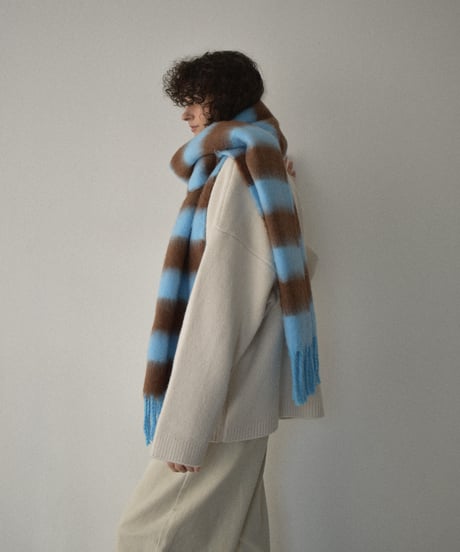 muffler-02023　Border Fringe Muffler Blue×Brown Black×Gray