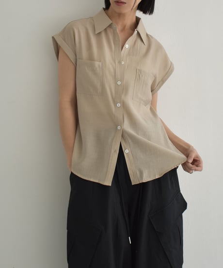 tops-02544　French Sleeve Sheer Shirt  Ecru Beige Green-tea