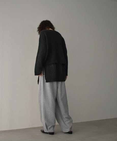 knit-02355　Wrap Crochet Knit & Boat Neck  Knit Pullover  Light-Gray Charcoal Brown