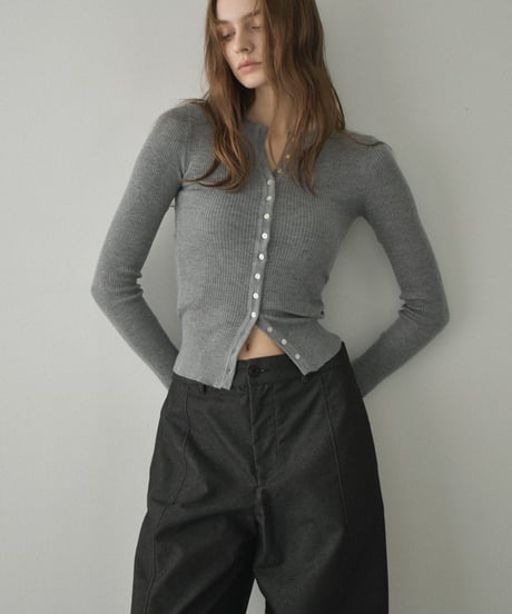 knit-02347　Shell button Rib Knit Cardigan  Gray Navy