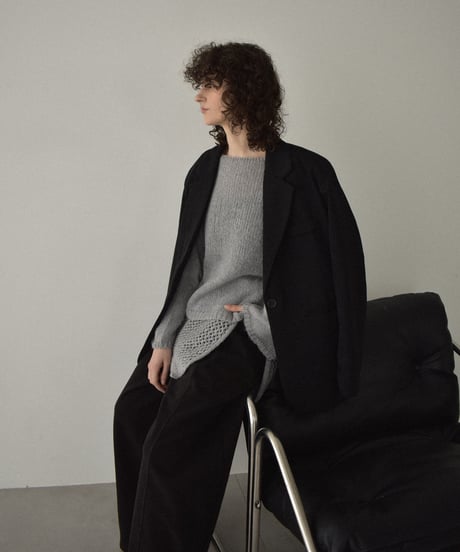 knit-02355　Wrap Crochet Knit & Boat Neck  Knit Pullover  Light-Gray Charcoal Brown