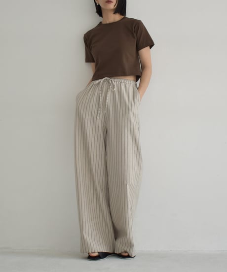bottoms-02278　Linen Blend Striped Wide Pants　White Gray Beige