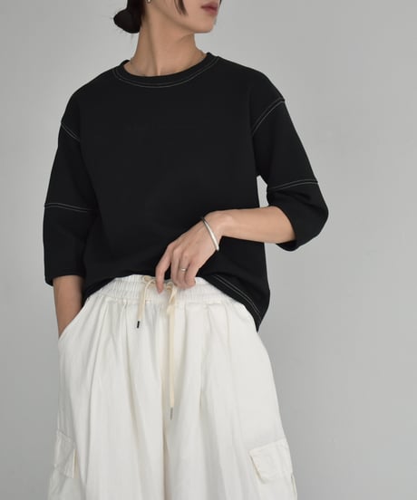 tops-02474　Stitch Design Cardboard Pullover White Black
