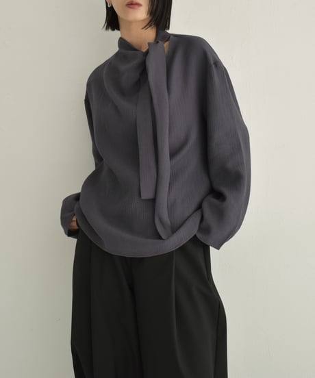 tops-02520 Asymmetrical Bowtie Blouse  Ecru Charcoal