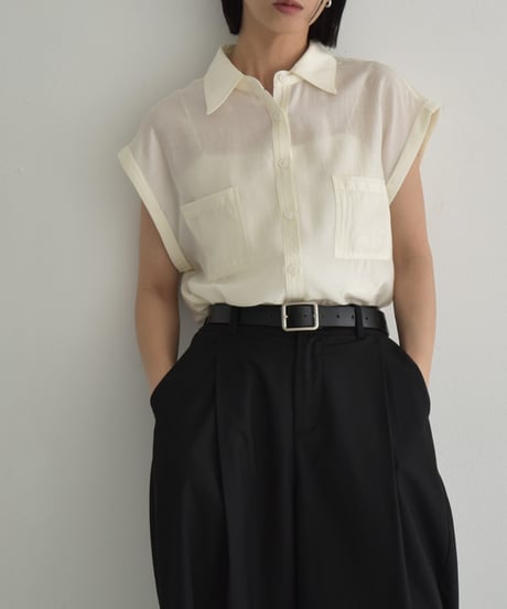 tops-02544　French Sleeve Sheer Shirt  Ecru Beige Green-tea