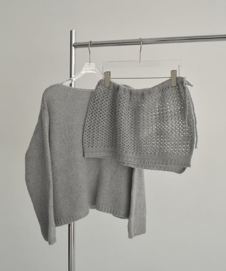 knit-02355　Wrap Crochet Knit & Boat Neck  Knit Pullover  Light-Gray Charcoal Brown