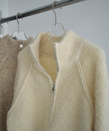 knit-02314　Bouclé Half Zip Knit  Off-White Beige Brown