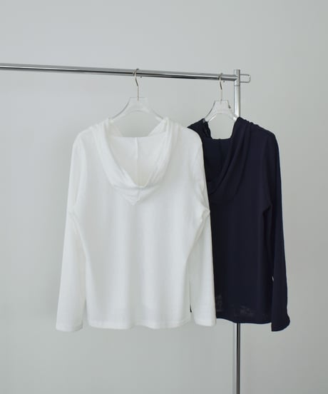 tops-02603 Half-Zip Hoodie Long Sleeve T-Shirt White Navy