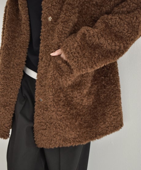 coat-02065 Poodle Boa High Neck Midi Coat Ecru Brown