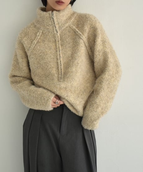 knit-02314　Bouclé Half Zip Knit  Off-White Beige Brown