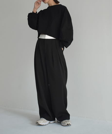 bottoms-02216　Marbelt Design Low Waist Tuck Pants　Black