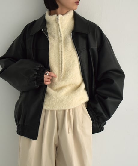 knit-02314　Bouclé Half Zip Knit  Off-White Beige Brown