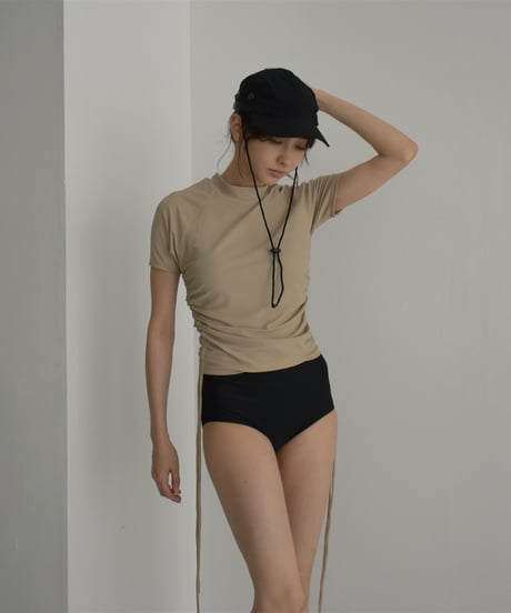 swim-02467　Gathered Design Short Sleeve Rash Guard　Beige　Dusty Blue