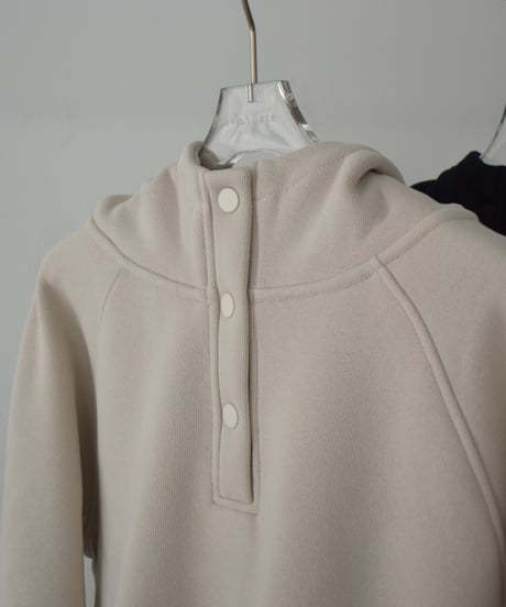tops-02578　Snap Button Fleece-Lined Hooded Pullover　Greige　 Black