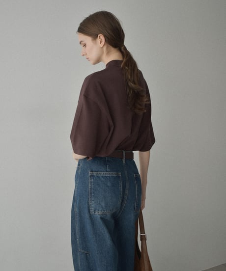 nh-tops-02566　Half-Sleeve Mock Neck Tee  Ecru Charcoal Brown