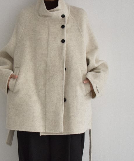 coat-02062  Raglan Sleeve Stand Collar Wool Midi Coat With Reversible Finish　Ecru Brown
