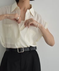 tops-02544　French Sleeve Sheer Shirt  Ecru Beige Green-tea