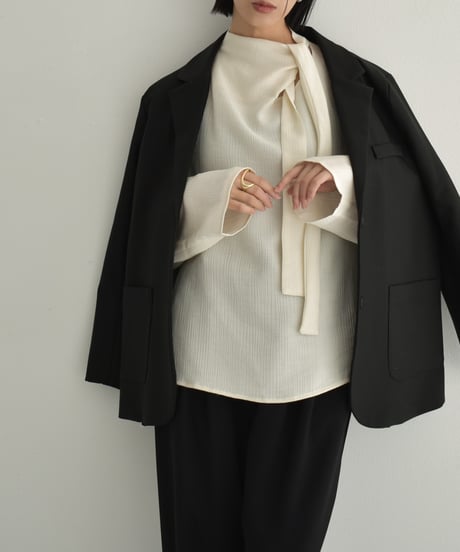 tops-02520 Asymmetrical Bowtie Blouse  Ecru Charcoal