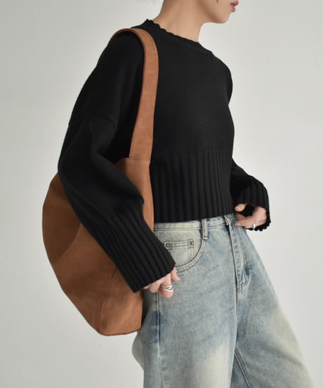 knit-02311　Waist Rib Design Cropped Knit Ecru Mocha Beige Black