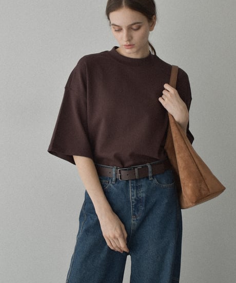 nh-tops-02566　Half-Sleeve Mock Neck Tee  Ecru Charcoal Brown
