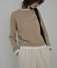 knit-02369 Crew Neck Bicolor Knit Top Beige Brown Gray Black