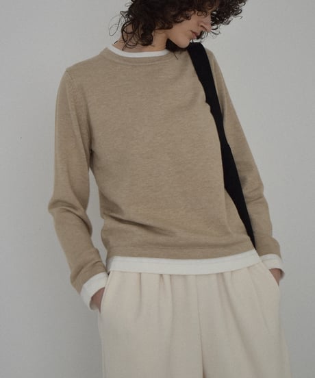 knit-02369 Crew Neck Bicolor Knit Top Beige Brown Gray Black