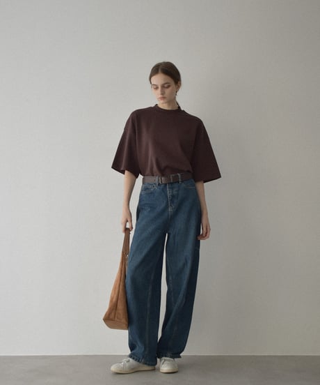 nh-tops-02566　Half-Sleeve Mock Neck Tee  Ecru Charcoal Brown