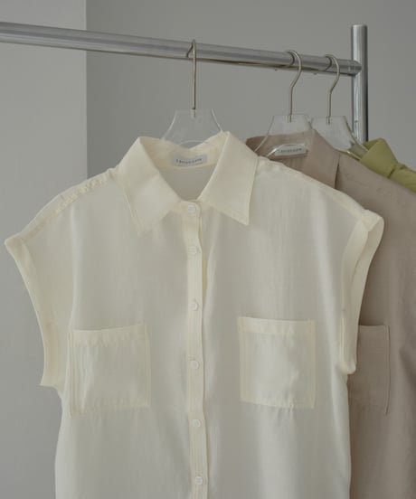 tops-02544　French Sleeve Sheer Shirt  Ecru Beige Green-tea