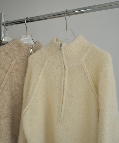 knit-02314　Bouclé Half Zip Knit  Off-White Beige Brown