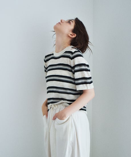 nh-knit-02384 Half-Sleeve Striped Knit Ecru Blue