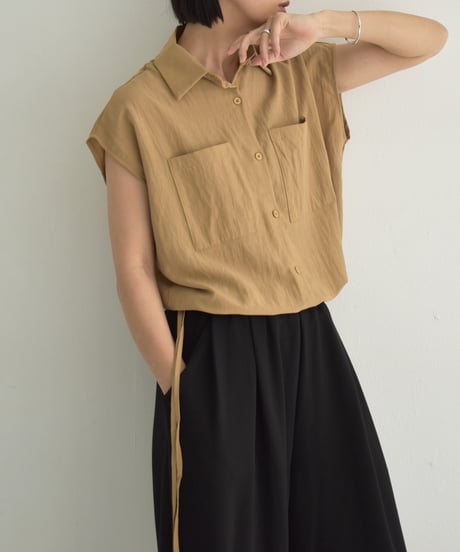 tops-02548　Drawstring Design French Sleeve Shirt　White Beige Black